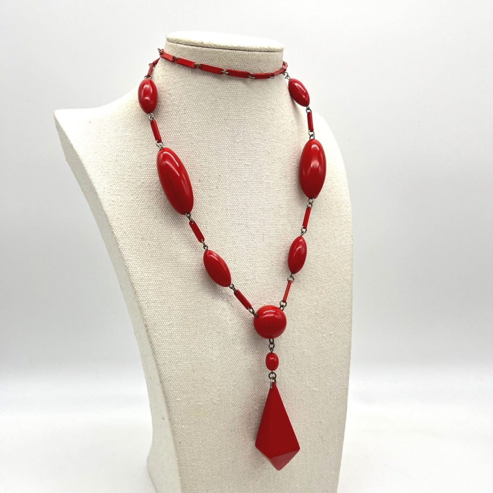 Vintage Red Geometric Resin Bead Necklace Art Deco Style Drop Pendant 30 Inch - Picture 4 of 5